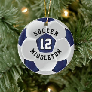 Soccer ⚽ Ball in a Dark Blue and White Ceramic Ornament
