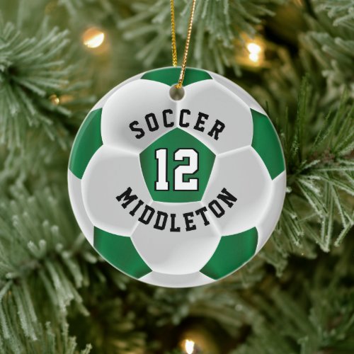 Soccer ⚽ Ball in a Dark Green and White Ceramic Ornament