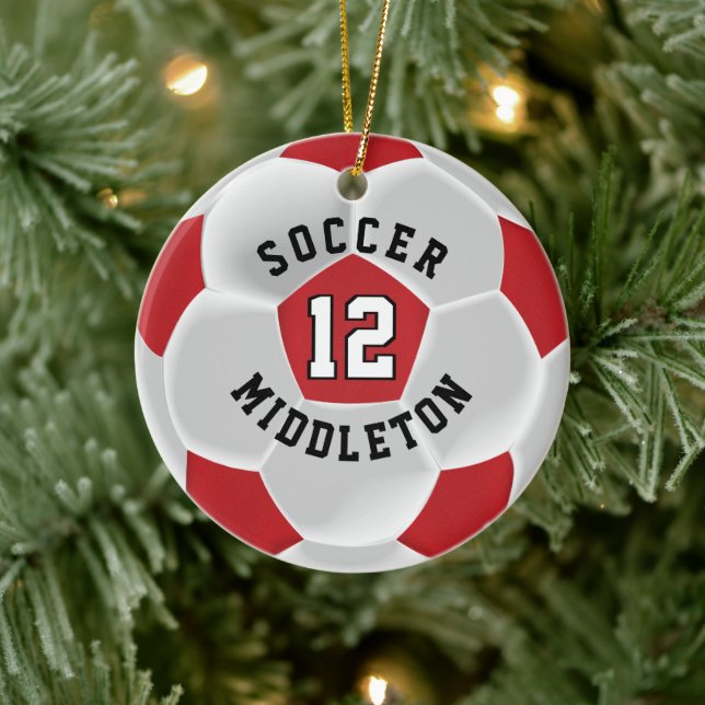 Soccer ⚽ Ball in a Dark Red and White Ceramic Ornament (Tree)