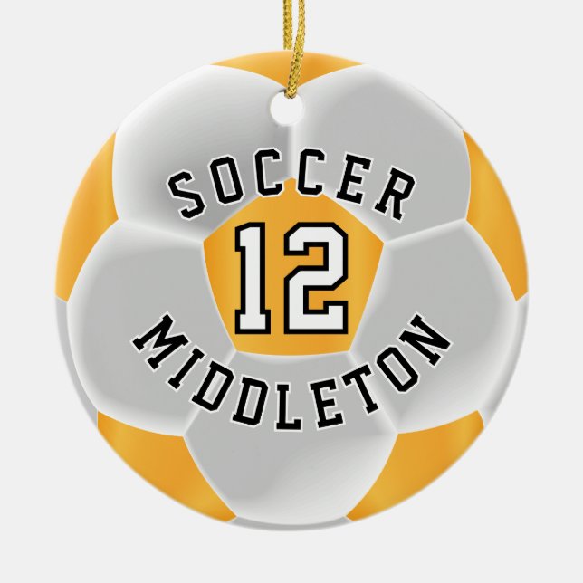 *Soccer Ball in a Gold Yellow and White Ceramic Ornament (Front)