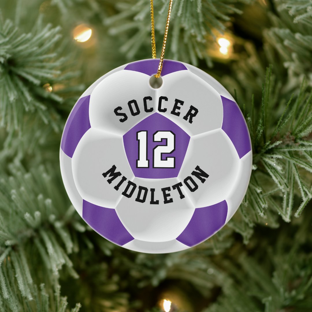 Soccer ⚽ Ball in a Purple and White Ceramic Ornament | Zazzle