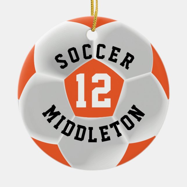 Soccer Ball in an Orange and White Ceramic Ornament (Front)