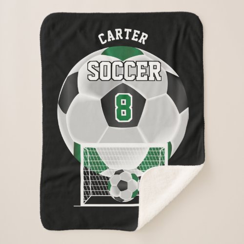 Soccer Ball in Dark Green and Black Sherpa Blanket