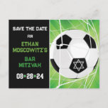 Soccer Ball in Net Bar Mitzvah Save the Date Card<br><div class="desc">This soccer-themed Bar Mitzvah save the date postcard coordinates with the Soccer Ball in Net Bar Mitzvah invitation and has a black, green, and white color scheme. The front side has an image of a black and white soccer ball slamming into the soccer goal white netting. There is a light...</div>