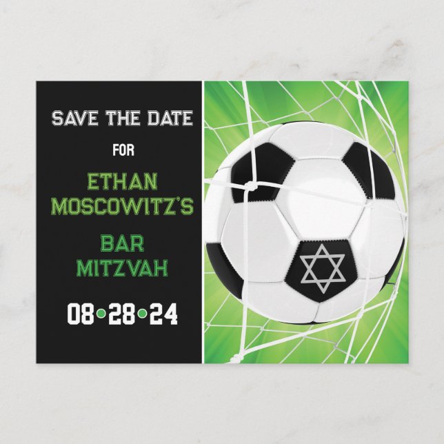 Soccer Ball in Net Bar Mitzvah Save the Date Card (Front)