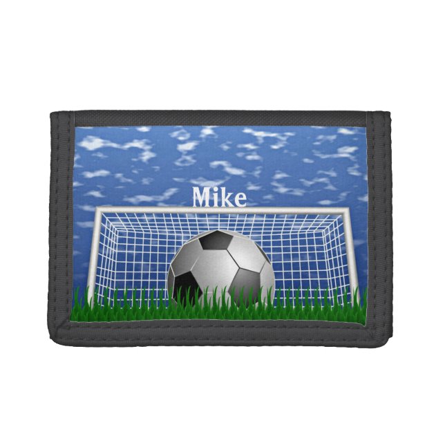 Soccer ball in the net, customizable trifold walle trifold wallet (Front)