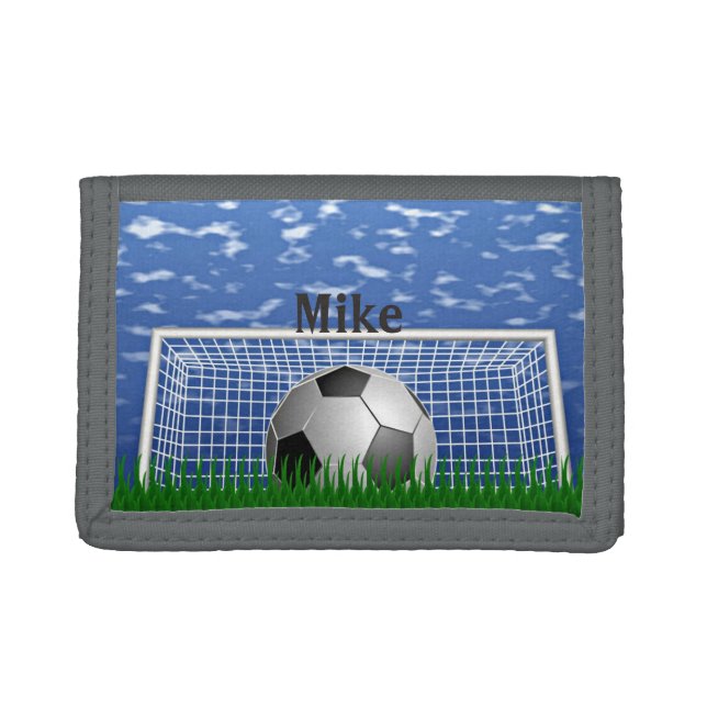 Soccer ball in the net, customizable trifold wallet (Front)