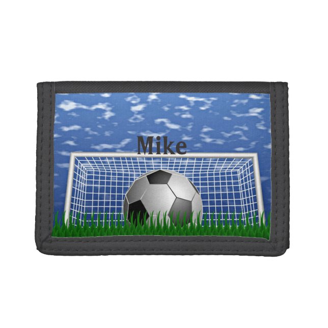Soccer ball in the net, customizable trifold wallet (Front)