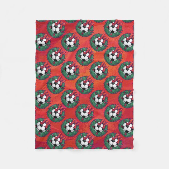 Soccer Ball in Wreath Pattern on Red Fleece Blanket (Front)