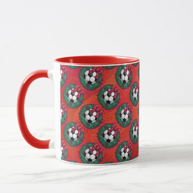 Soccer Ball in Wreath Pattern on Red Mug (Left)