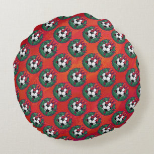 Soccer Ball in Wreath Pattern on Red Round Pillow