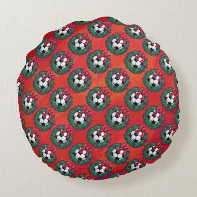 Soccer Ball in Wreath Pattern on Red Round Pillow (Back)