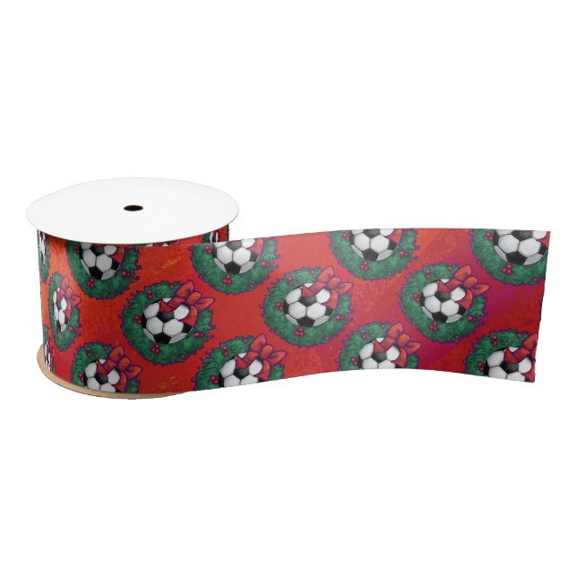 Soccer Ball in Wreath Pattern on Red Satin Ribbon (Spool)