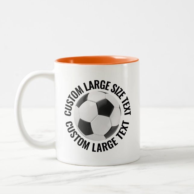 Soccer Ball & Large Text ORANGE 11oz Custom Two-Tone Coffee Mug (Left)