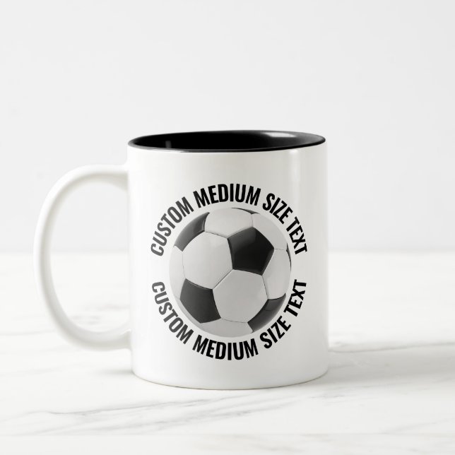 Soccer Ball & Medium Text BLACK 11oz Custom Two-Tone Coffee Mug (Left)