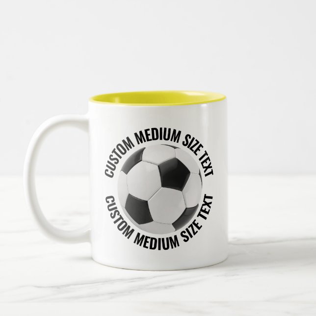 Soccer Ball & Medium Text YELLOW 11oz Custom Two-Tone Coffee Mug (Left)