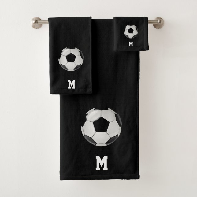 Soccer Ball & Monogram on Black Bath Towel Set (Insitu)