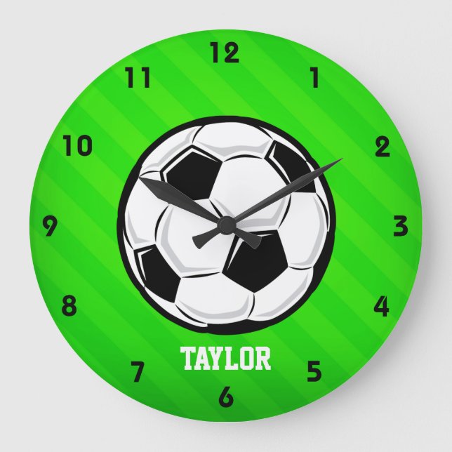 Soccer Ball; Neon Green Stripes Large Clock (Front)