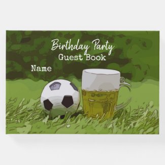 Soccer ball on green grass with beer Birthday Guest Book