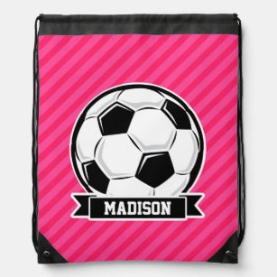 Soccer Ball on Neon Pink Stripes Drawstring Bag