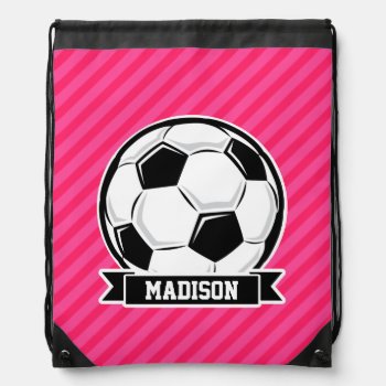 Soccer Ball On Neon Pink Stripes Drawstring Bag by Birthday_Party_House at Zazzle