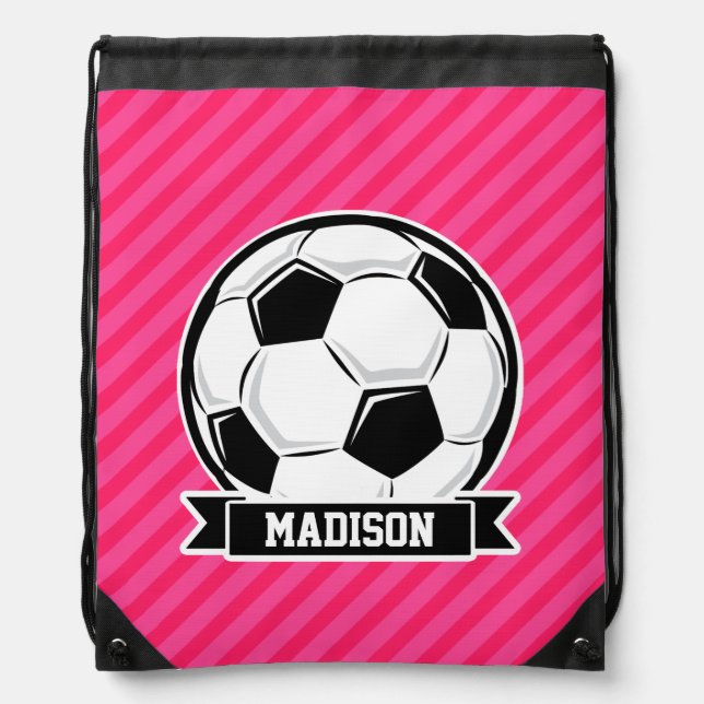 Soccer Ball on Neon Pink Stripes Drawstring Bag (Front)