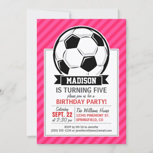 Soccer Ball on Neon Pink Stripes Invitation