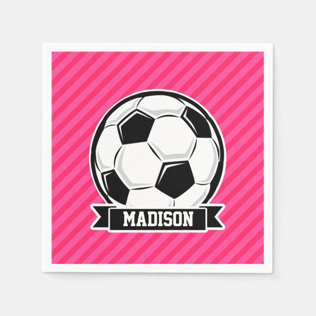 Soccer Ball on Neon Pink Stripes Paper Napkins (Front)
