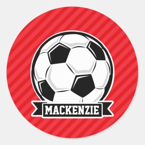 Soccer Ball on Red Diagonal Stripes Classic Round Sticker