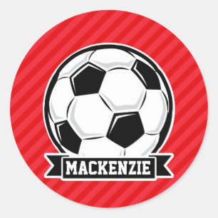 Soccer Ball on Red Diagonal Stripes Classic Round Sticker