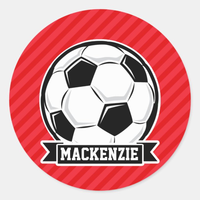 Soccer Ball on Red Diagonal Stripes Classic Round Sticker (Front)