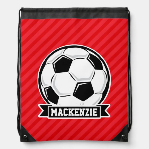 Soccer Ball on Red Diagonal Stripes Drawstring Bag