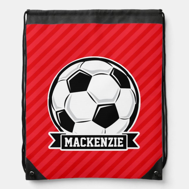 Soccer Ball on Red Diagonal Stripes Drawstring Bag (Front)
