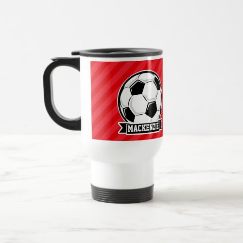 Soccer Ball on Red Diagonal Stripes Travel Mug