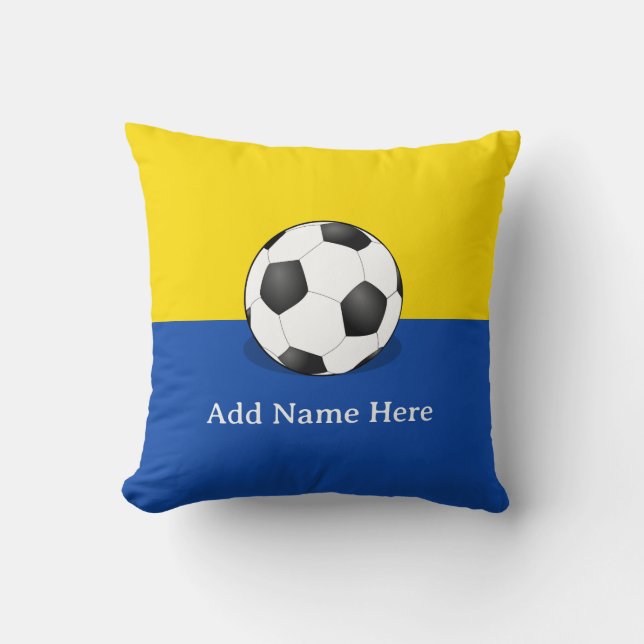 Soccer Ball on Yellow and Blue Background Throw Pillow (Front)