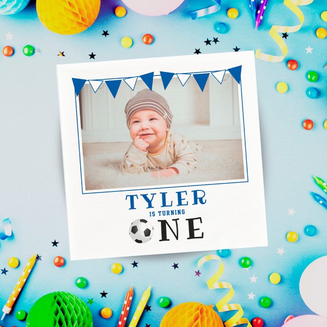 Soccer Ball One 1st Birthday Photo Birthday Party Napkins (Creator Uploaded)