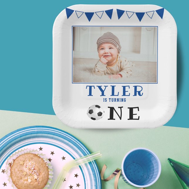 Soccer Ball One 1st Birthday Photo Birthday Party  Paper Plates (Creator Uploaded)