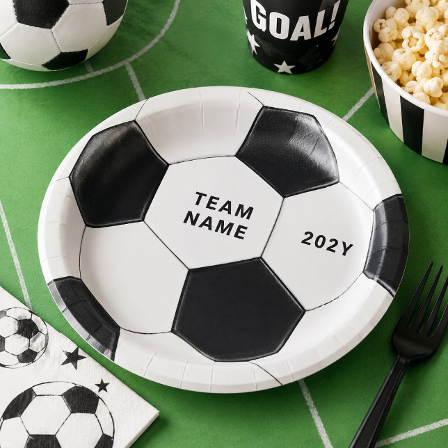 Soccer Ball Paper Plate | Team Name Party Plates (Personalized soccer party plate with team name and year for birthday table styling.)