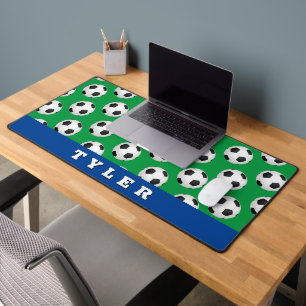Soccer Ball Pattern, Bold Name, Blue/Green Desk Mat