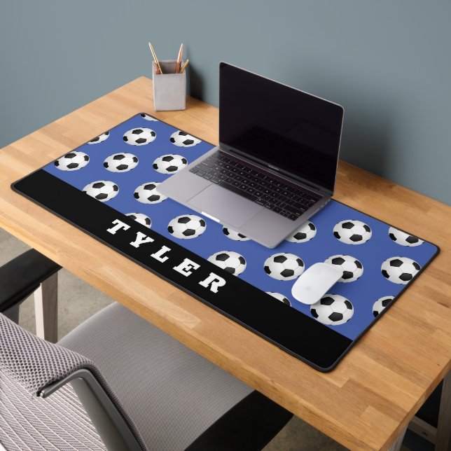 Soccer Ball Pattern, Name on Blue & Black Desk Mat (Office 2)