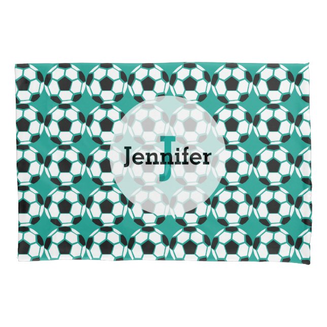 Soccer Ball Pattern Personalized Unique Green Kids Pillowcase (Front)