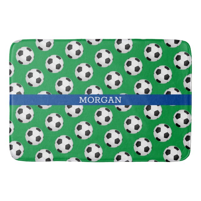 Soccer Ball Pattern, White Name, Blue & Green Bath Mat (Front)