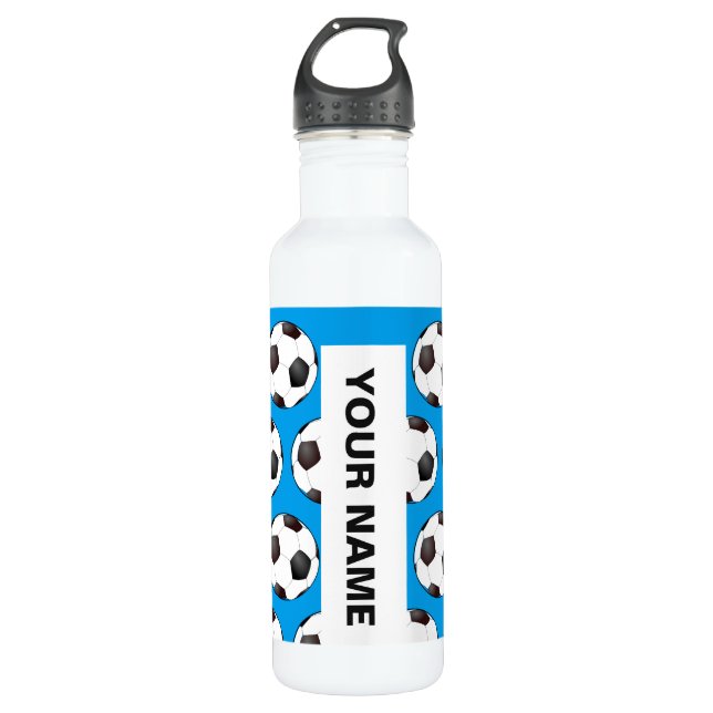 Soccer ball pattern with personalized name stainless steel water bottle (Front)