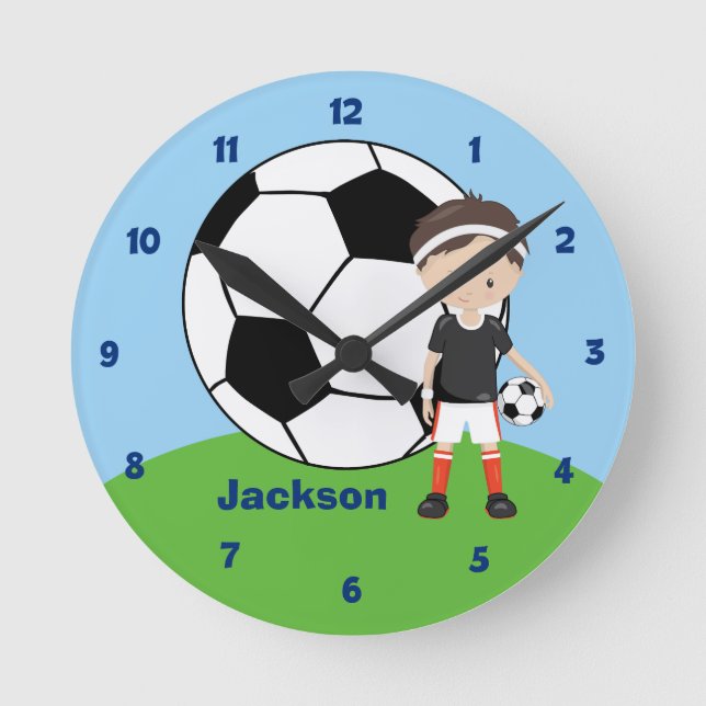Soccer Ball Personalized Boys Sports Bedroom Kids Round Clock (Front)