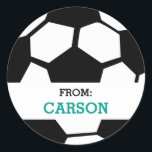 Soccer Ball Personalized From Sports Themed Party Classic Round Sticker<br><div class="desc">Soccer Ball Personalized From Sports Themed Party Stickers. Attach these sports themed soccer ball stickers to goody bags from your sports themed birthday party. Personalized with the birthday child's name in green font. Round sticker is a soccer ball pattern. Text reads "from". Sports themed gift tag sticker. www.SamAnnDesigns.com</div>