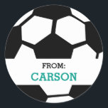 Soccer Ball Personalized From Sports Themed Party Classic Round Sticker<br><div class="desc">Soccer Ball Personalized From Sports Themed Party Stickers. Attach these sports themed soccer ball stickers to goody bags from your sports themed birthday party. Personalized with the birthday child's name in green font. Round sticker is a soccer ball pattern. Text reads "from". Sports themed gift tag sticker. www.SamAnnDesigns.com</div>