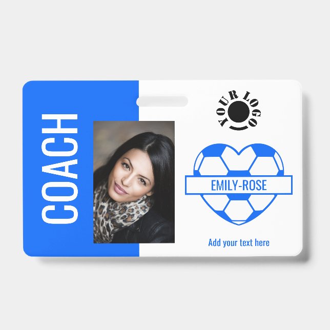 Soccer Ball Photo Logo Barcode Template Coach Blue Badge (Front)
