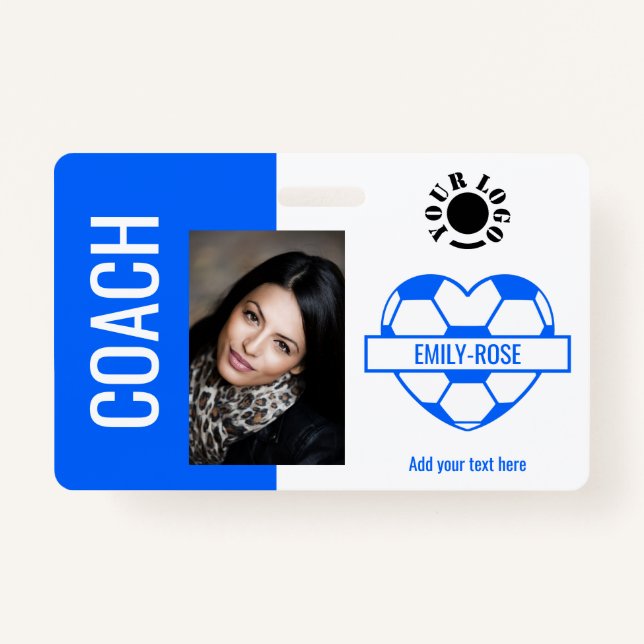 Soccer Ball Photo Logo Barcode Template Coach Blue Badge (Front)