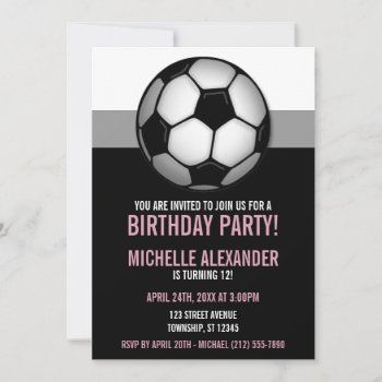 Soccer Ball Pink & Black Birthday Invitations by Birthday_Delight at Zazzle