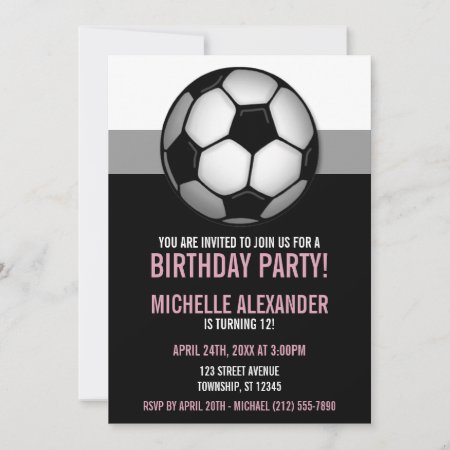 Soccer Ball Pink & Black Birthday Invitations